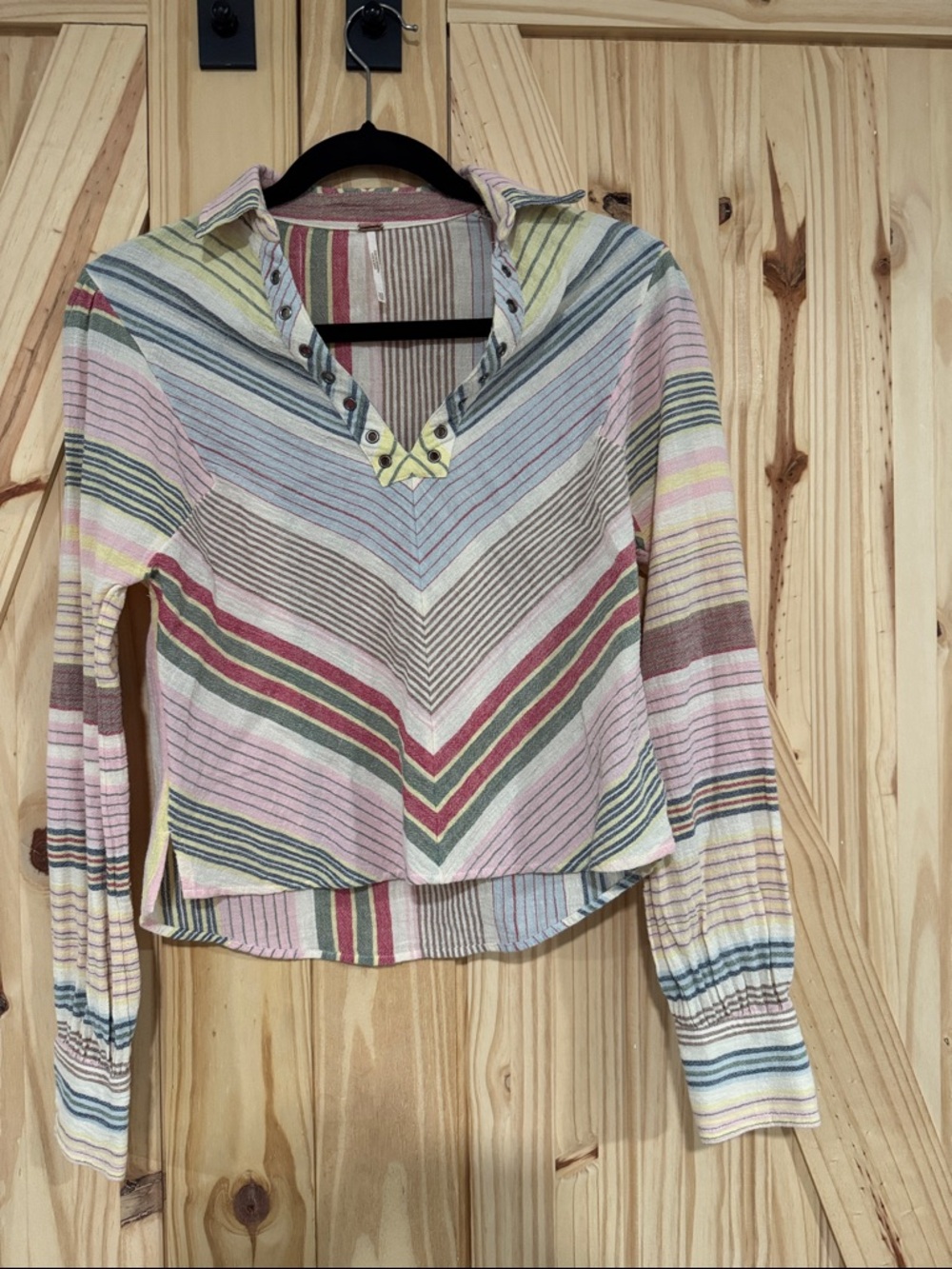 Striped V‑Neck Button Polo Top in Pastel Multi